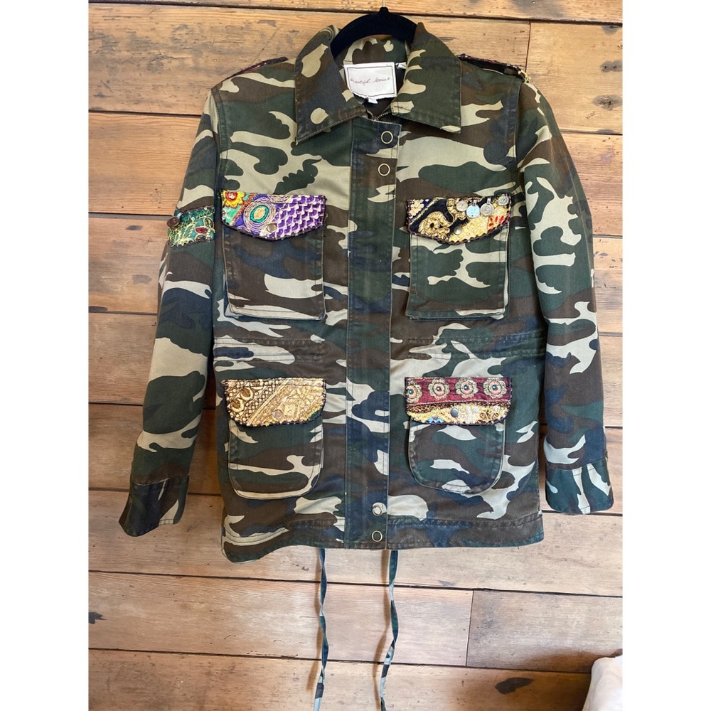 Anthropologie Camo Utility Jacket with Metallic & Embellished Patchwork